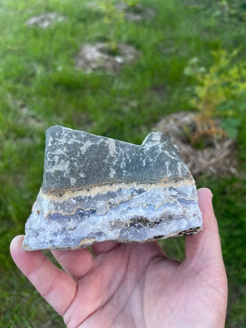 Fully Banded Blue Agate Specimen w/ Pink Crystals