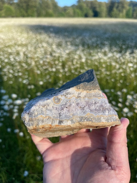 Fully Banded Blue Agate Specimen w/ Pink Crystals